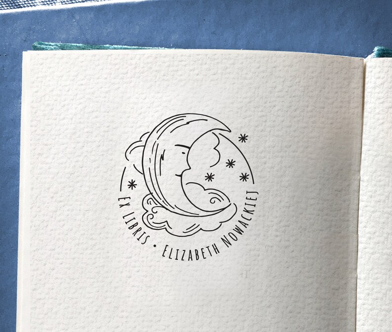 MOON with Stars Personalised Ex Libris Wooden Stamp, Boho Book Stamp, Celestial Moon Ex Libris Bookplate, Astronomy gift idea for Booklover image 1