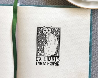 Elegant and Cute CAT in ART DECO Style. Personalised Ex Libris Wooden Book Stamp. Bookplate Stamp. Present for Christmas in Art Deco Style