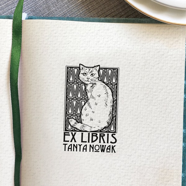 Gato elegante y lindo en estilo ART DECO. Sello de madera para libros Ex Libris personalizado. Sello ex libris. Regalo de Navidad en estilo Art Deco