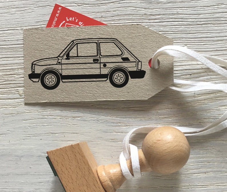 Car rubber stamp FIAT 126p. Vintage car stamp. Craft old car wooden stamp. Car Stamp for party. Card making. Scrapbooking auto stamp. image 1