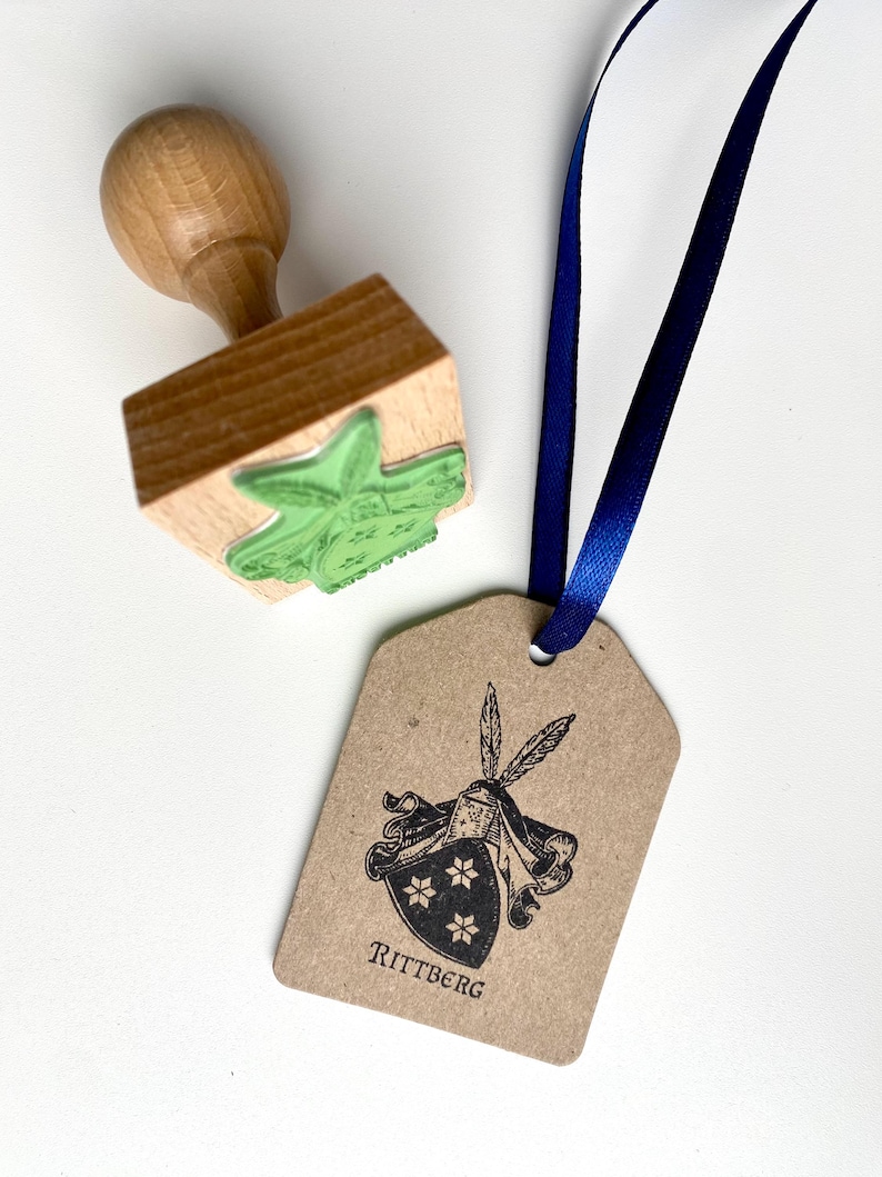 Custom-made Family Crest Stamp mounted on the high-quality wooden handle. Laser engraved rubber of the Coat of Arms Stamp