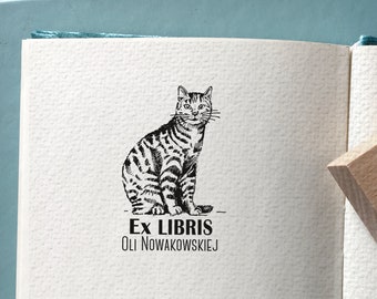 STRIPED CAT vintage Style Ex Libris Stamp - American Shorthair Cat Timbre en bois personnalisé - Timbre à l’ex-libris - Cadeau pour Noël
