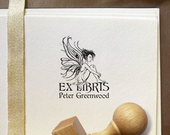 Flower Fairy Personalised Ex libris Stamp. Bookplate Wooden Stamp. Forest Fairy Tale Dedicated Exlibris Book Stamp. Elf Angel Drawing Gift