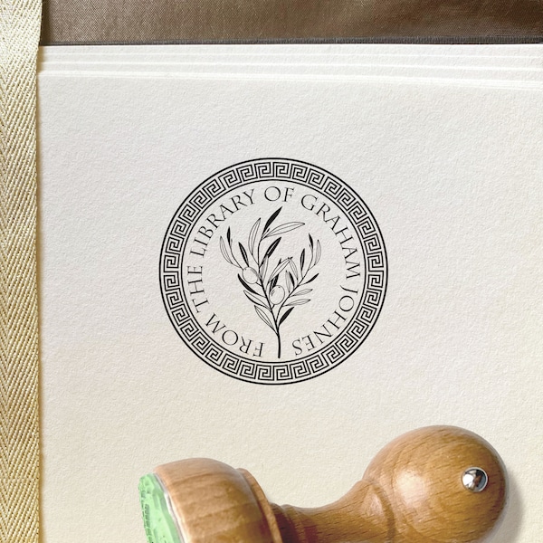 OLIVE BRANCH Personalised Ex Libris Wooden Stamp. Meander motive Ex Libris Bookplate - Elegant Birthday Present - Perfect Gift for Booklover