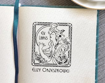 Rozmarzona Dziewczyna - Stempel Ex libris w Stylu Art Deco. Personalizowana pieczątka w stylu secesji. Wyjątkowy prezent na Święta