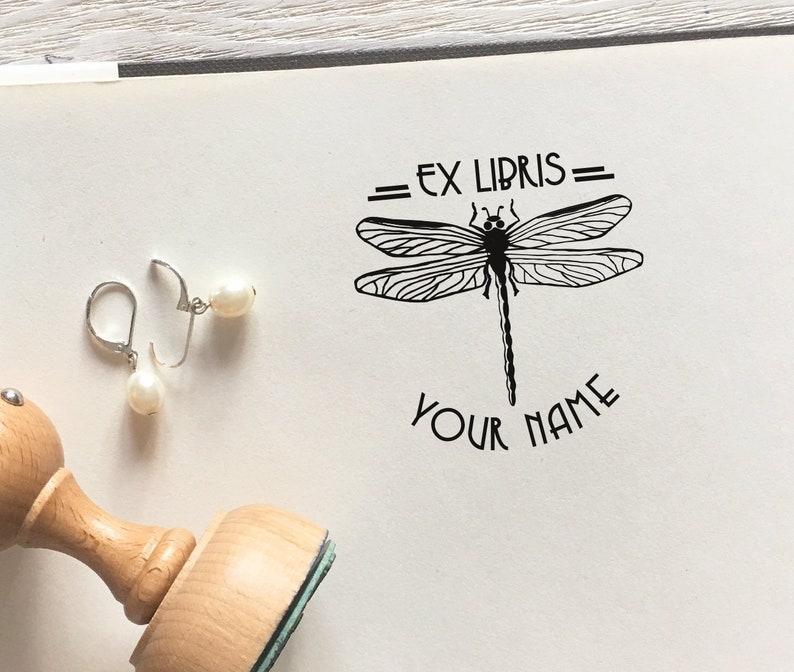 Art Deco Design Personalisation inluded Gift for Teacher Exlibris Personalized Stamp DRAGONFLY Personalised Ex Libris Wooden Stamp
