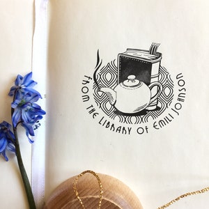 EXLIBRIS stamp POT and BOOK. Personalized bookplate with a hand-drawn teapot and a book. Art-deco design. Wooden stamp for book lovers