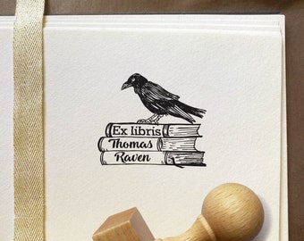 RAVEN on the Pile of BOOKS Personalised Ex Libris Wooden Stamp -  Bookplate Stamp - Custom Gift for Teacher - Dedicated Ex Libris Stamp