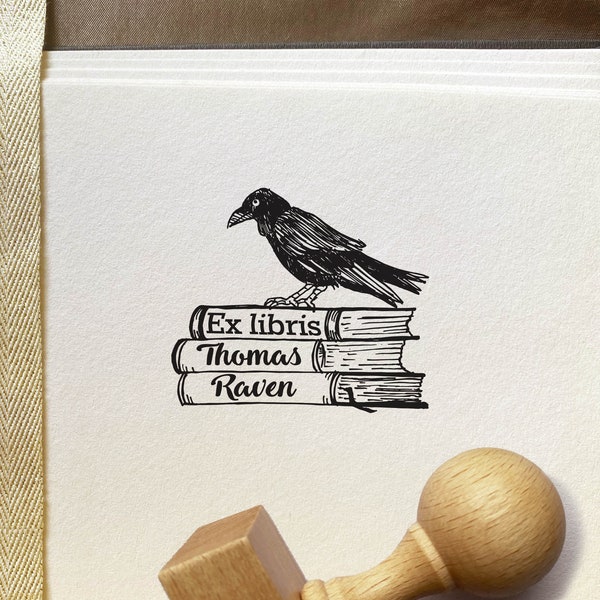 RAVEN on the Pile of BOOKS Personalised Ex Libris Wooden Stamp -  Bookplate Stamp - Custom Gift for Teacher - Dedicated Ex Libris Stamp