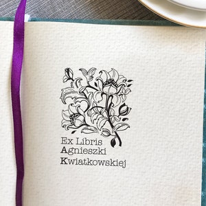 Kwiaty ART DECO. Personalizowana pieczątka Ex Libris. Drewniany stempel z motywem Art Deco. Wyjątkowy prezent na Rocznicę, Święta i Urodziny zdjęcie 1