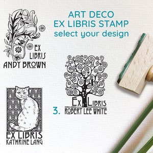 Art Deco Design Personalizzato Ex Libris Stampo: 3 Disegni da Selezionare - Decorazione Floreale, Gatto Carino, Albero della Vita Custom Ex Libris Bookplate