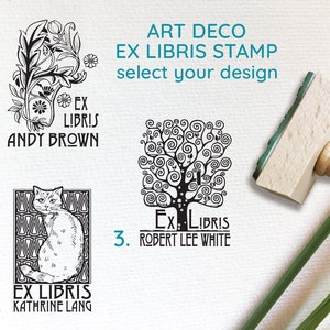 Art Deco Design Personalized Ex Libris Stamp: 3 Designs to Select - Floral Decoration, Cute Cat, Tree of Life Custom Ex Libris Bookplate