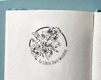 Bouquet of FLOWERS Personalised Ex Libris Wooden Stamp. Custom Geranium Bookplate - Custom Birthday Present - Perfect Gift for Booklover