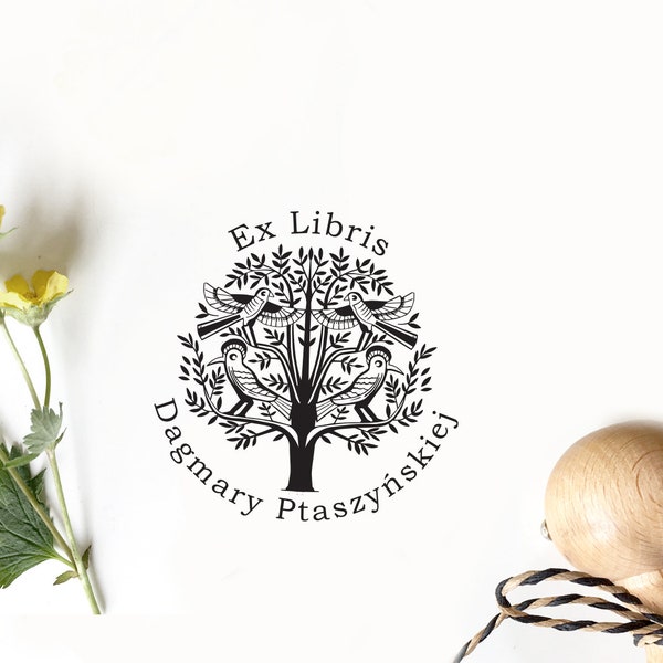 Baum- und Singvögel personalisierte Ex Libris Holzstempel. Ethno-Motiv Ex Libris. Elegantes Geschenk für Boho-Liebhaber. Für Buchliebhaber