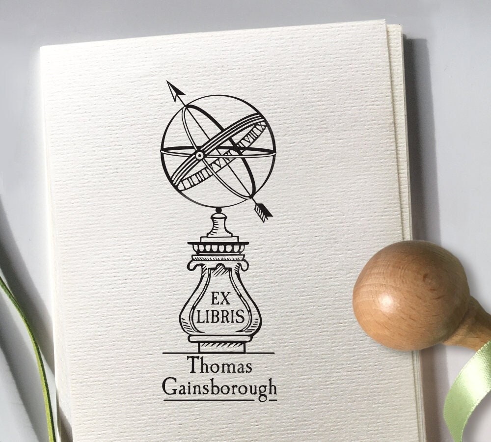 Personalized Ex Libris Stamp: Spherical Sundial Bookplate, Vintage Style
