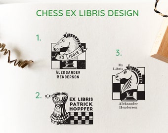 Schachdesign Personalisierte Ex Libris Holzstempel - 3 Designs zur Auswahl: Springer und Turm auf dem Schachbrett. Einzigartiges Exlibris