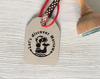 MERMAID "Let's discover Warsaw" - Poland wooden stamp, Warsaw emblem, unique simple design