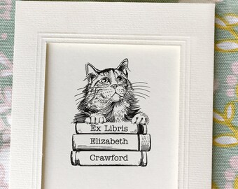 Cute CAT and the BOOKS Ex Libris Stamp - Hand Drawing Design for Bookplate Stamp. Personalised Ex Libris Wooden Stamp. Present for Christmas