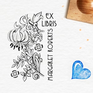 Art Deco Floral Ex Libris Stamp: Personalized Bookplate for Book Lover