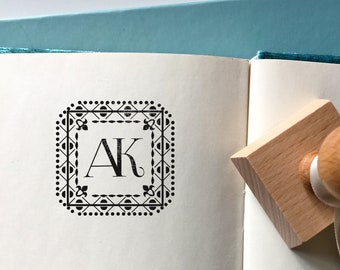 Personalised MONOGRAM Wooden Stamp. INITIALS Ex Libris Bookplate. Name Letters Stamp - Elegant Birthday Present - Perfect Gift for Booklover