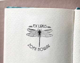 DRAGONFLY Personalized Ex Libris Wooden Stamp. Art Deco Bookplate