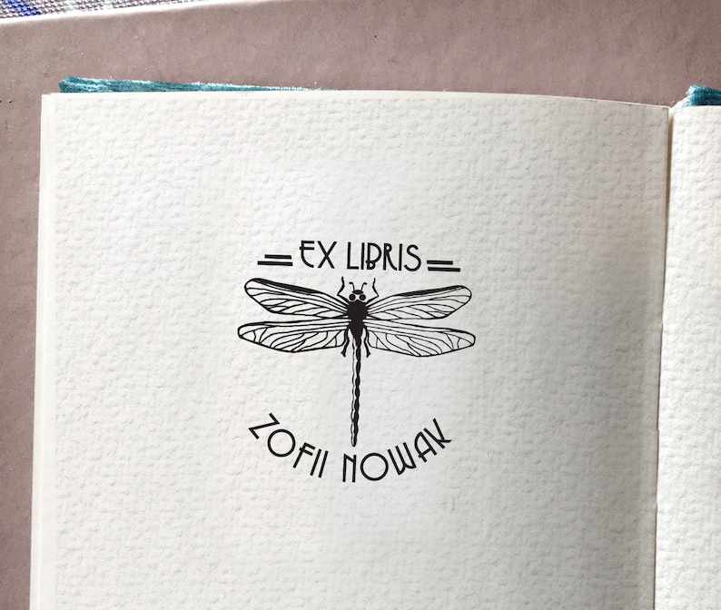 DRAGONFLY Personalised Ex Libris Book Stamp. Art Deco Design. Gift for Teacher. Personalisation inluded. Exlibris Personalized Stamp image 1