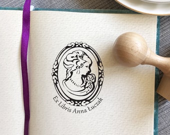 CAMEO Personalised Ex Libris Stamp - Custom Bookplate Wooden Stamp - Elegant Jewelry Motif Book Lover Gift" - GEM Ex Libris for Bibliophiles