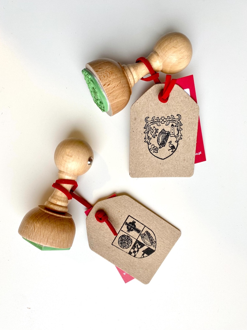 Custom-made Family Crest Stamp mounted on the high-quality wooden handle. Laser engraved rubber of the Coat of Arms Stamp