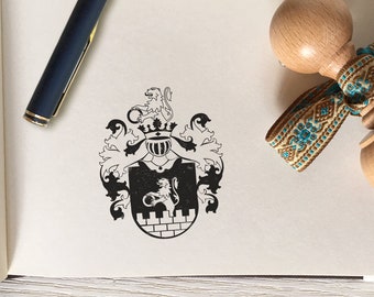 Custom FAMILY CREST Wooden STAMP. Personalized Coat of Arms Stamp. Vintage Heraldic Shield Rubber Stamp. Family Symbol on Wooden Stamp