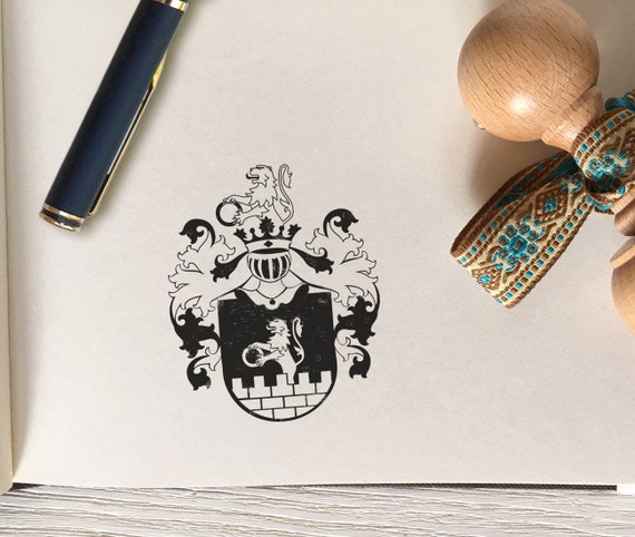 Custom Family Crest Stamp: Vintage Heraldic Shield, Personalized Wooden Stamp