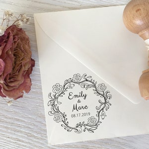 Boho Wedding Stamp: Floral Wreath, Personalized Invitation Stamp