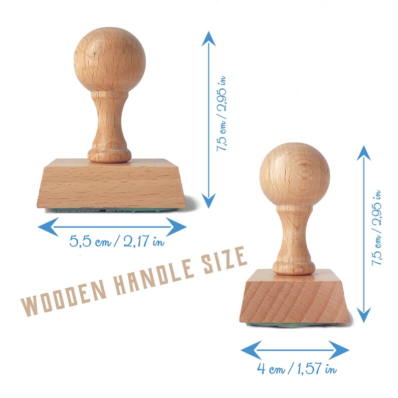 A premium quality stamp with the knob on top of the wooden handle. Beech wood handle Size: 4 x 5,5 cm / 1,57 x 2,17 inches. The height of the stamp is 7,5 cm / 2,95 inches