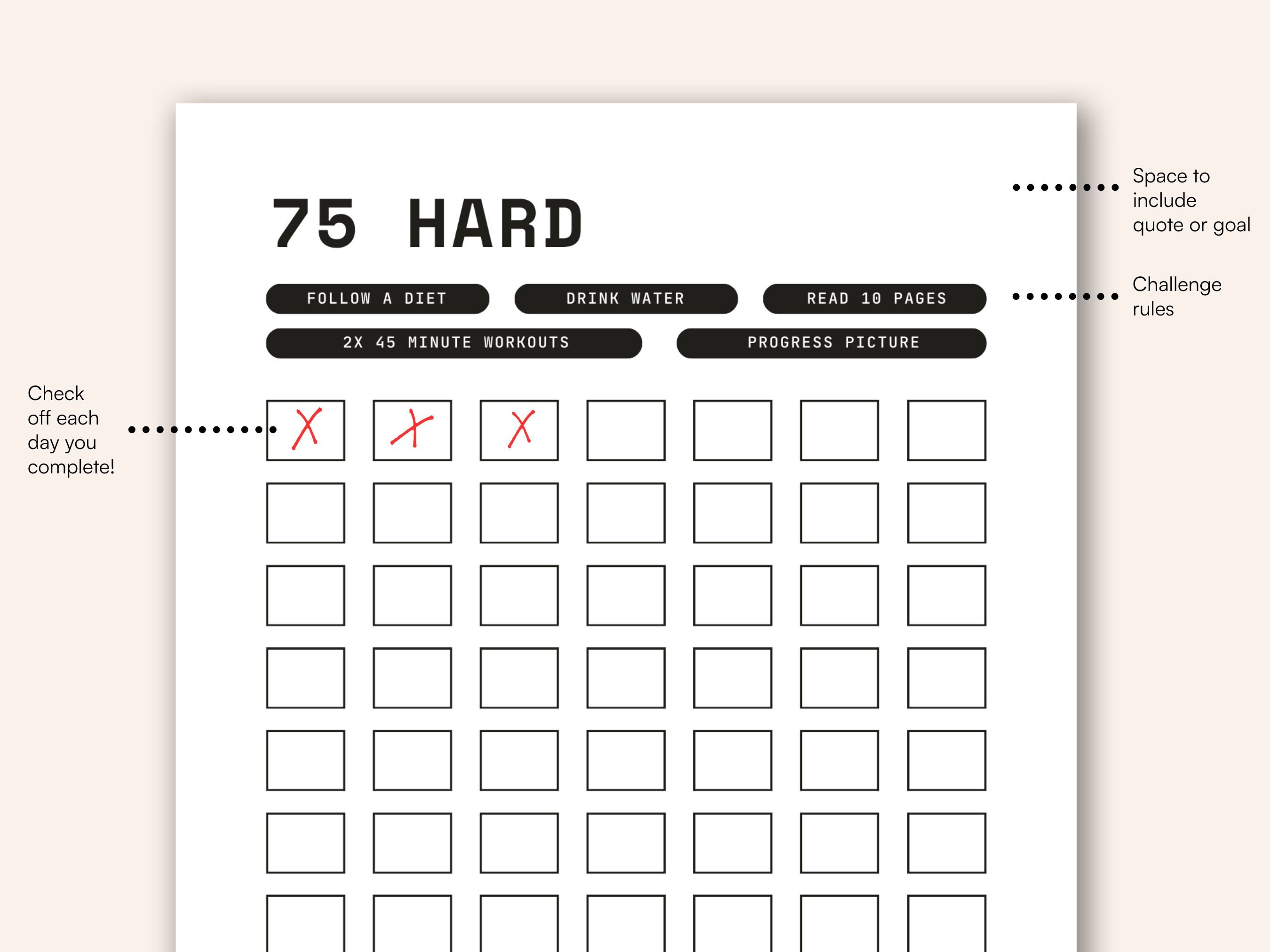 75 Hard Challenge Tracker 75 Day Challenge 75 Soft Challenge 75 Hard ...