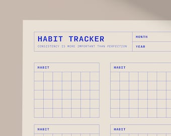 May include: A printable habit tracker with the text "HABIT TRACKER" and "CONSISTENCY IS MORE IMPORTANT THAN PERFECTION". The tracker has four sections for habits, each with a grid of squares for marking off days.