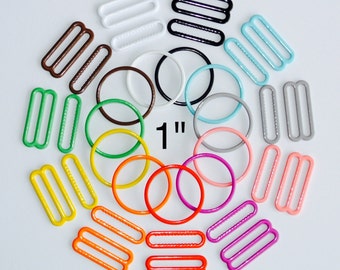 1" (25mm) Bra Sliders & Rings - 12 Color Choices - Nylon Coated Metal - Headband Adjusters