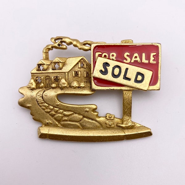 Vintage AJC Realtor Pin Brooch signed - house for sale, gold tone