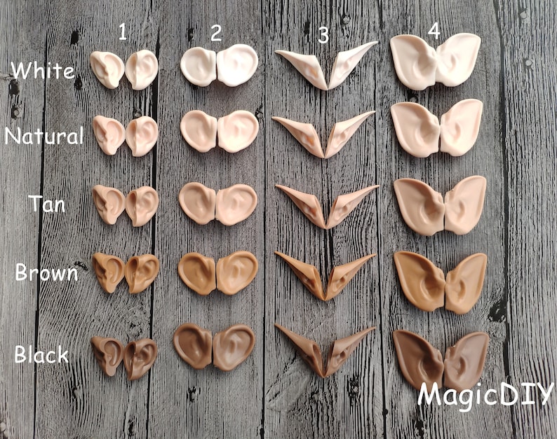 May include: Five rows of elf ears in different colors, including white, natural, tan, brown, and black. Each row has four different styles of ears, numbered 1 through 4. The ears are made of a flexible material and are designed to be attached to the head.