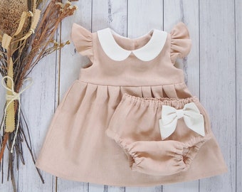 Baby Linen Pink Dress, Toddler Girl Pink Dress, Girl Baby Outfit, Dusty Pink, Peter Pan Collar, 1st Birthday, Girls Easter Dress