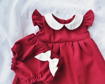 Baby Christmas Red Dress Bloomer Set for Girl Baby & Toddler, Girls Red Dress, Burgundy Red Linen Dress, 1st Birthday Outfit, 1st Christmas