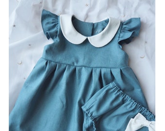 Baby Girls Dress with Matching Bloomer Set, Girls Linen Dress, Teal Blue dress, Flutter Sleeve Peter Pan Collar, Toddler Dress, 1st Birthday
