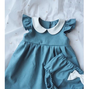 Baby Girls Dress with Matching Bloomer Set, Girls Linen Dress, Teal Blue dress, Flutter Sleeve Peter Pan Collar, Toddler Dress, 1st Birthday image 1