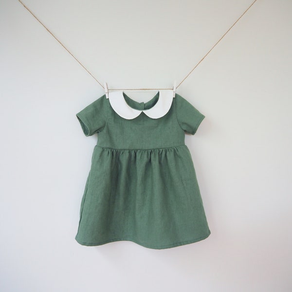 Girls Short Sleeve Linen Dress in Green, Moss Olive Green, Baby Gril Dress, Toddler Girl Peter Pan Collar Dress, Retro Classic Dress