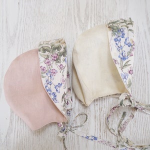 Baby bonnet, Girl Baby Linen Bonnet Sunhat, Baby flower bonnet, Pink baby sunhat, Off white baby hat, Linen Sunhat, Baby Girl hat