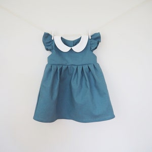 Baby Girls Blue Dress, Girls Linen Dress, Teal Blue Outfit, Dusty Blue dress, Flutter Sleeve, Peter Pan Collar, 1st Birthday, Photo Shoot image 1