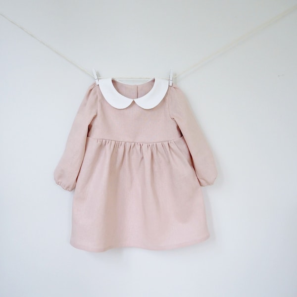 Baby Girl Linen Dress, Girl Toddler dress, Peter Pan Collar, Dusty Pink Dress, Baby Girl Outfit, Long Sleeve Dress, 1st Birthday, Kids Fall