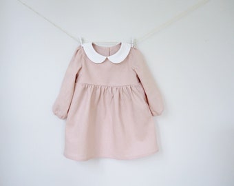 Baby Girl Linen Dress, Girl Toddler dress, Peter Pan Collar, Dusty Pink Dress, Baby Girl Outfit, Long Sleeve Dress, 1st Birthday, Kids Fall