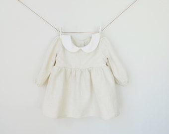 Offwhite Baby Girl Linen Long Sleeve Dress, Girl Toddler dress, Peter Pan Collar, Baptism Dress, Christening Outfit, 1st Birthday