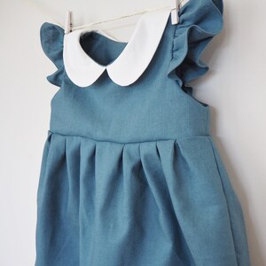 Baby Girls Dress with Matching Bloomer Set, Girls Linen Dress, Teal Blue dress, Flutter Sleeve Peter Pan Collar, Toddler Dress, 1st Birthday image 4