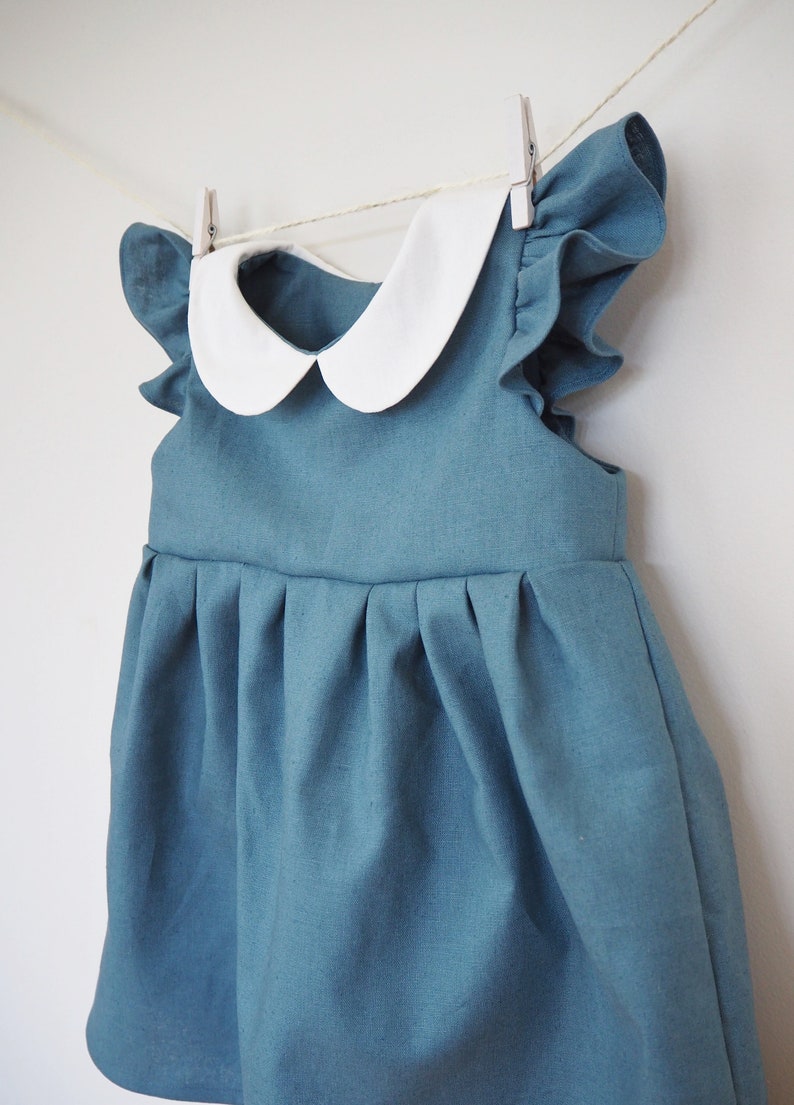 Baby Girls Dress with Matching Bloomer Set, Girls Linen Dress, Teal Blue dress, Flutter Sleeve Peter Pan Collar, Toddler Dress, 1st Birthday image 4