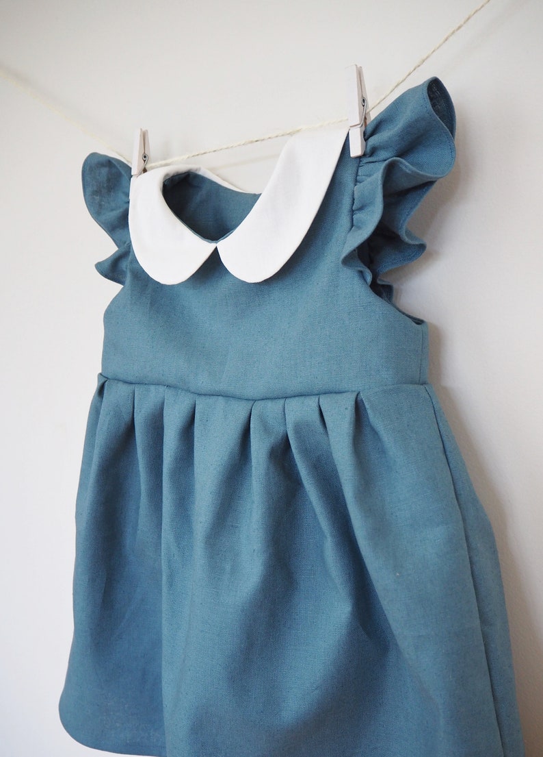 Baby Girls Blue Dress, Girls Linen Dress, Teal Blue Outfit, Dusty Blue dress, Flutter Sleeve, Peter Pan Collar, 1st Birthday, Photo Shoot image 3